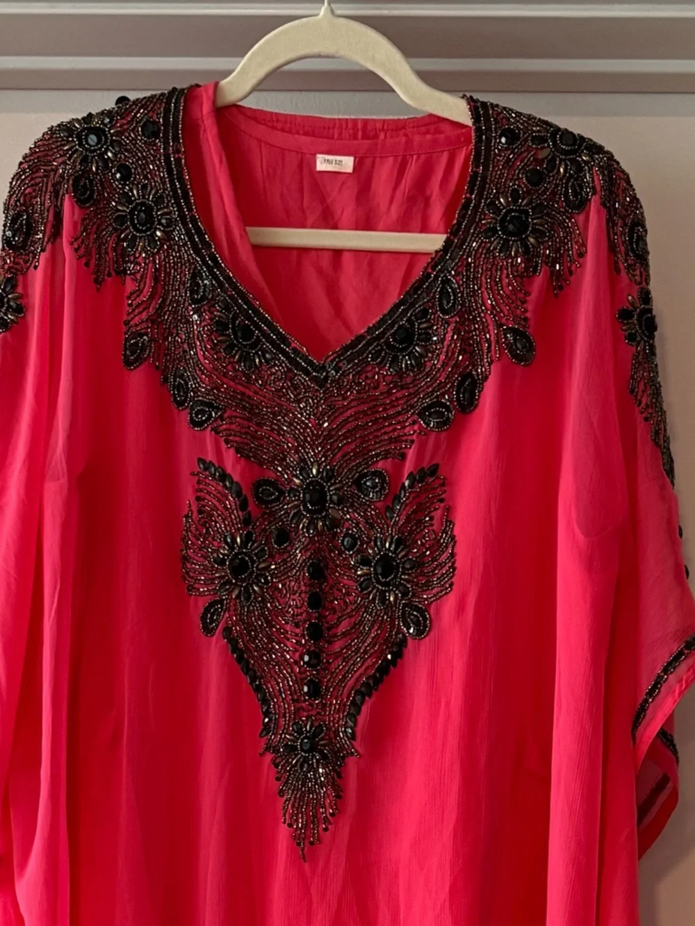 Beaded V-Neck Maxi Kaftan Dress in Bright Pink - Picture 5 of 5